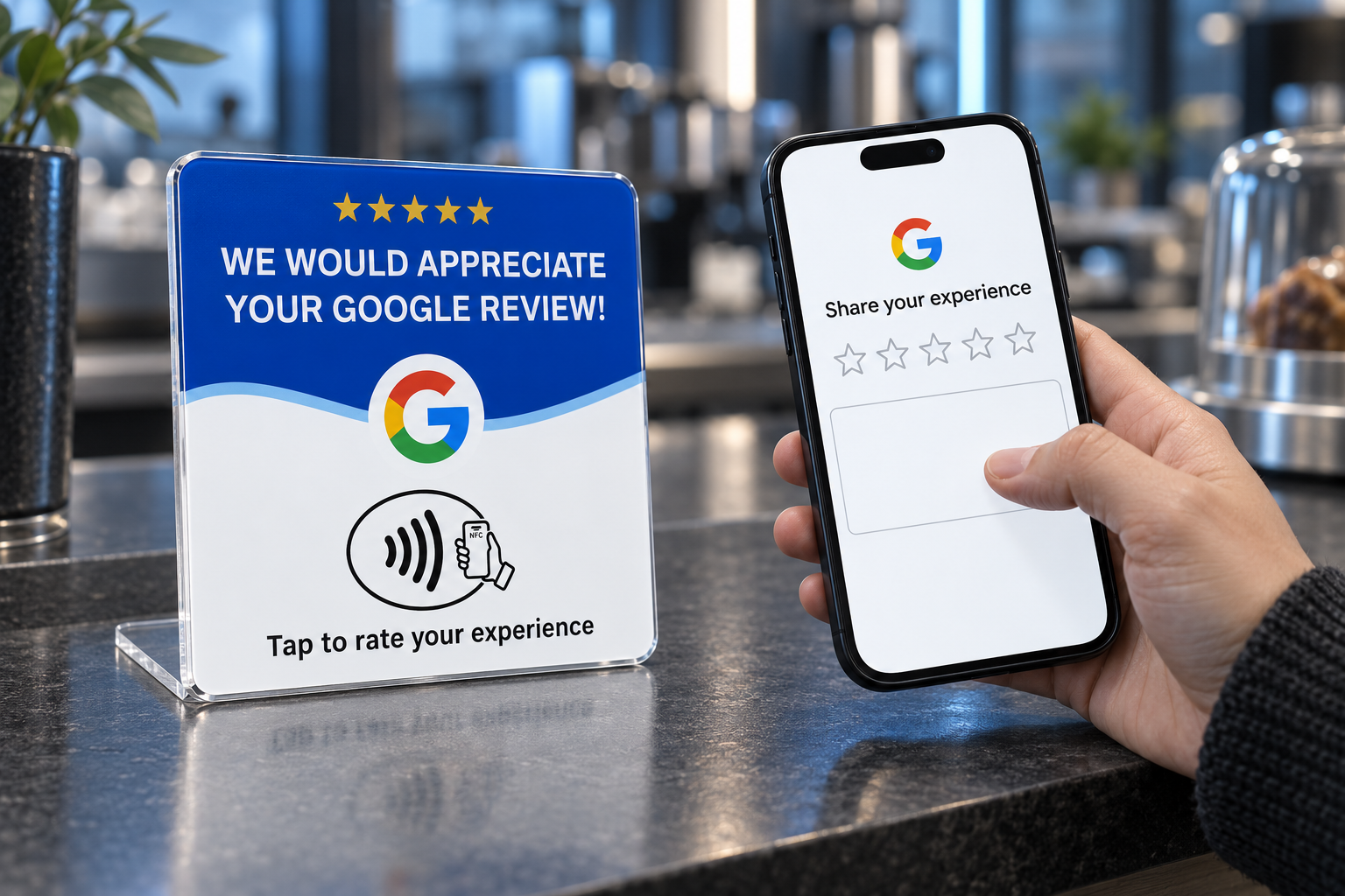 A customer entering feedback on an illustrative review form beside the NFC review card