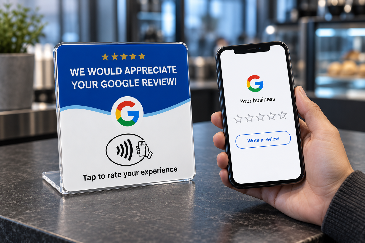 A phone displaying an illustrative Google review page with empty stars and a Write a review button